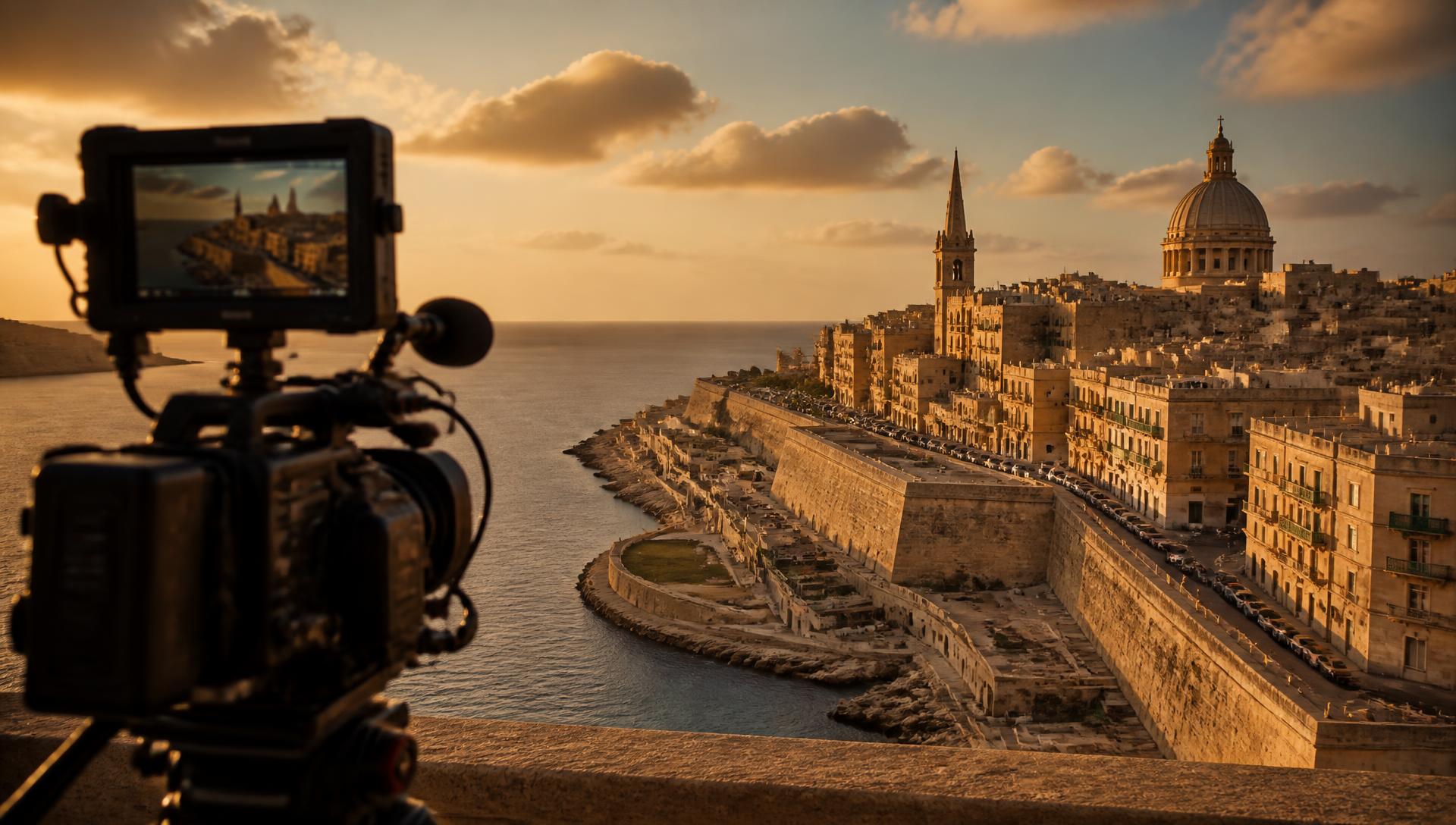 Cinema camera framing the Valletta skyline at sunset in Malta